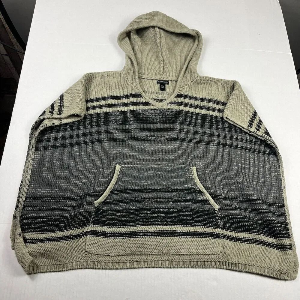 Saks Fifth Avenue Womens Hooded Poncho Sweater Striped V-Neck Kangaroo Pocket OS